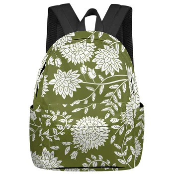 Dahlia Yaprakları Beyaz Çiçekler Yeşil Moda Kadın Sırt Çantası Kız Seyahat Kitap Çantaları Laptop Sırt Çantaları Seyahat Sırt Çantası Schoolbag