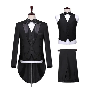 Erkekler Resmi Beyaz siyah Takım Elbise (Blazer + Yelek + Pantolon) smokin düğün Damat Şarkıcı sihirbaz Koro ıletken 3 ADET tailcoat Takım Elbise