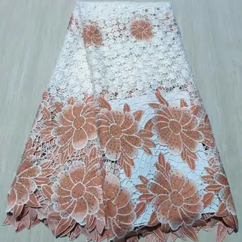 NYYG01 Beyaz + Şeftali işlemeli suda çözünür dantel ile taşlar, güzel görünümlü Afrika gipür dantel kordon için parti / düğün elbisesi