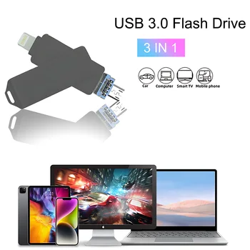 3.0 USB Flash Sürücü 32 gb 64 GB 128 GB 256 GB yüksek hızlı 3.0 cep telefonu bilgisayar 3 in 1 için iPhone / Android / Tablet PC