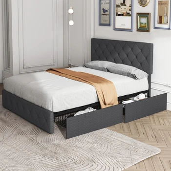 4 Çekmeceli Modern Döşemeli Yatak Çerçevesi, Düğmeli Tepeli Başlıklı Platform Yatağı Koyu Gri