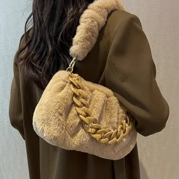 Sonbahar Ve Kış Peluş Çanta Kadınlar İçin Yeni omuzdan askili çanta İnce Kalın Zincir Koltukaltı Çanta Doku Popüler postacı çantası