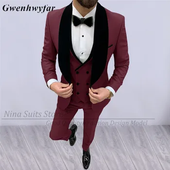 Gwenhwyfar 2023 Sonbahar Kış Düğün Erkekler için Smokin Bordo Ceket Pantolon Yelek Siyah Kadife Yaka Resmi Erkek Takım Elbise