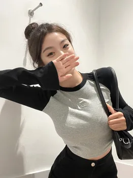 Kore Uzun Kollu Patchwork Y2K Camisetas O-Boyun Slim Fit Tees Yüksek Bel Mahsul Tops Kadın T Shirt Vintage Kontrast Renk