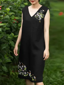 ZANZEA Moda Pamuk V Yaka Vestidos Kadın Kolsuz Elbise 2023 Yeni Diz boyu Sundress Casual Nakış Çiçekler Günlük Elbise