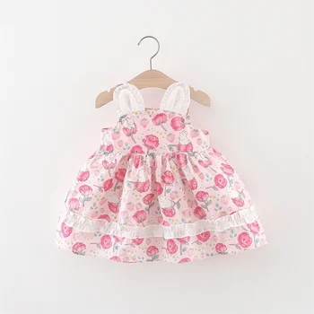 0-3 Bebek Kız Elbise Yaz Tatlı Ve Sevimli Gül Tavşan Kayış Kolsuz Dantel Günlük Diz Boyu Etek