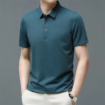 2023 Yaz Erkek T Shirt Yeni Turn Down Yaka İnce Kırışıklık Karşıtı Düz Renk T-shirt Adam Golf Ofis Klasikleri Erkek Giysileri
