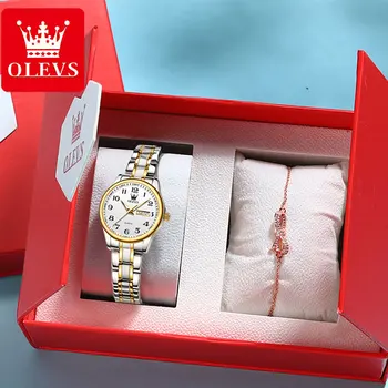 OLEVS 5567 Orijinal Klasik quartz saat Erkekler ve Kadınlar için Altın Gümüş İki tonlu dijital saat Çift Seti Bayan Saatler Takı