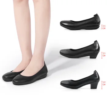 Bayan İnek Derisi Yüksek Topuklu Yuvarlak Ayak Blok Topuk Sığ Ayakkabı Büyük Boy İş Profesyonel Tek ayakkabı Hakiki deri ayakkabı