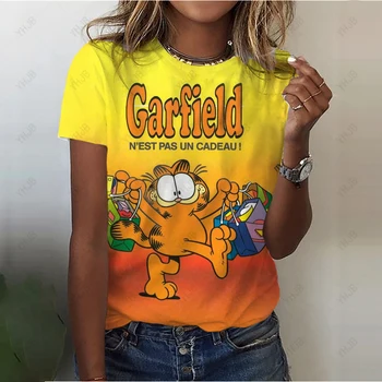 Kadın T-shirt Karikatür Garfield kedi Baskı Komik Sevimli Kısa Kollu Bayan Moda Rahat Yaz kadın T-shirt Grafik
