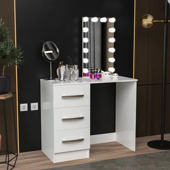 Makyaj masası 3 Çekmeceli, Ayna, ışıklar Beyaz Boyalı, Yatak Odası için, Kıdemli duygusu küçük depolama dolabı Entegre makyaj masası
