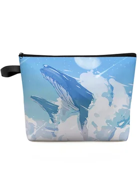 Mavi Gökyüzü Yıldız Bulutlar Balinalar Büyük Kapasiteli Seyahat Kozmetik Çantası Taşınabilir makyaj kutusu Çantası Kadın Su Geçirmez kalem Kutusu