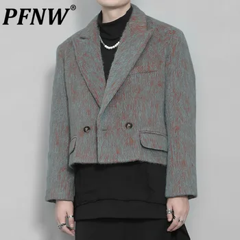 PFNW Bahar Sonbahar erkek Moda Vintgae Jakarlı Örgü Ceketler Popüler Düğme Kürk Kısa Blazers Coat Casual Yün Suit 12A7827