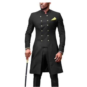 Afrika Standı Yaka Erkek Takım Elbise Uzun Ceket Kostüm Homme Düğün Smokin Terno Masculino Balo Damat 2 Adet Slim Fit Ceket + Pantolon