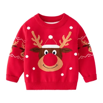Noel Çocuk Giysileri Elk Kaşmir Nakış Kazak Toddler Kırmızı Yuvarlak Boyun Termal Giyim Bebek Kış Giyim 0-7 Yıl Eski