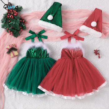 Qunq 2023 Sonbahar Kızlar Noel Kostüm Asmak Boyun Kürklü Splice Pullu Örgü Elbise + Kap 2 Adet Rahat Çocuklar Clouthes Yaş 3T-8T