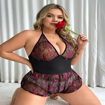 PassionLAB Erotic Plus Size Lace See Through Sexy​ Lingerie Women Body Porno Night Club Outfits Bodysuit эротическое белье боди