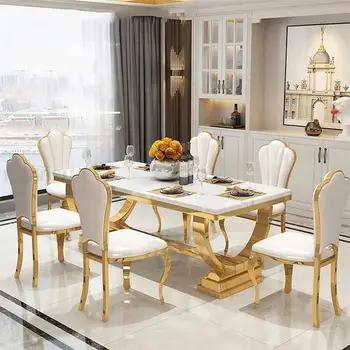 Mermer dikdörtgen istikrarlı altın kaplama paslanmaz çelik çerçeve yemek masası ve sandalyeler kombinasyonu ile hafif lüks mutfak masası