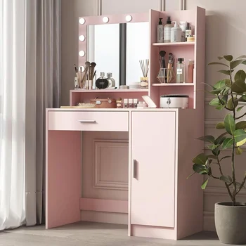 Ayna ve Işıklı Makyaj Masası, Büyük Çekmece ve Kapalı Yatak Odası mobilyası için Üç Seviyeli Depolama