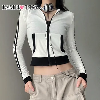 IAMHOTTY Rahat Sokak Stili Kontrast Patchwork Zip-up Ceket Beyaz Sonbahar Kadın Spor Vintage İnce Ceket Şık Tişörtü Y2K
