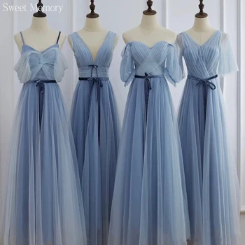 Seksi V Yaka Mavi Uzun Nedime Elbisesi Bayan Kız Kadın Prenses Ziyafet Parti Düğün Parti Elbise Örgü Tül Net Örgün önlük