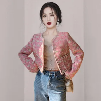 Sonbahar Yeni Kore Versiyonu Moda O-Boyun Tek Göğüslü Tüvit Küçük Koku Kısa Ceket kadın Elegance Casaco Dış Giyim Üst