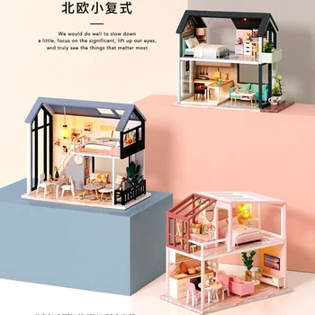 DIY Dollhouse El Yapımı İskandinav Basit Dubleks Dahili Yazlık Minyatür Yapı Kiti ile Mobilya Yatak Odası Bebek Evleri Hediye Oyuncaklar