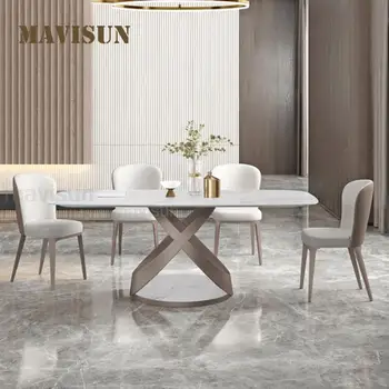Italyan yemek masası Kaya Plakası Masaüstü Dikdörtgen High-End Restoran Modern Mobilya Gül Altın Mutfak Masası 4 Sandalye İle
