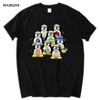 Bir grup penguenler LİNUX erkekler marka tişört pamuk erkekler tee gömlek shubuzhi marka euro boyutu tee-shirt
