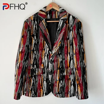 PFHQ sonbahar erkek yaratıcılık ıplik nakış Blazers yüksek sokak yünlü kumaş rahat renkli ışık lüks takım elbise ceket 21Z1375