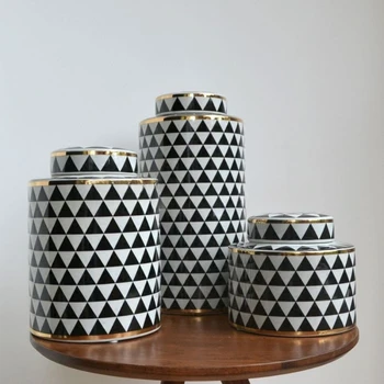 Avrupa Tarzı Siyah Beyaz Sırlı Geometrik Desen Porselen Seramik Kavanoz Mutfak Depolama Organizasyonu