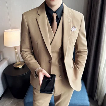 Butik (Blazer + Yelek + Pantolon ) erkek Moda İş Resmi İngiliz Moda Trendi Beyefendi İnce Rahat Düğün 3 parçalı Set
