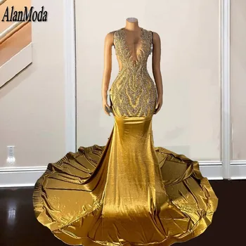 Altın balo kıyafetleri Siyah Kız İçin 2024 Lüks Rhinestone Mermaid Parti Törenlerinde Kadife Akşam Kıyafeti elbiseler de soirée