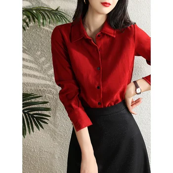 Kırmızı Gömlek Kadın Tasarım niş 2023 İlkbahar ve Sonbahar Yeni Açık Olgun Tarzı Benmingnian Mizaç Üst