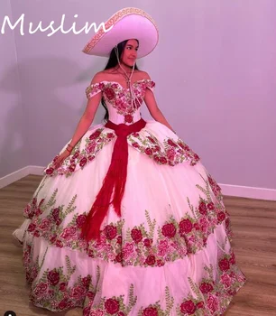 Beyaz Meksika Quinceanera Elbiseler 2023 Çiçekler İle Güzel XV Vestido De 15 Quinceañera Vintage Charro Doğum Günü Balo Parti