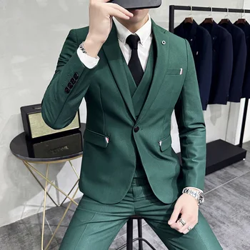 (Blazer + Yelek + Pantolon ) High-end Kore Tarzı İnce Yün Erkek Takım Elbise Yeşil Düz Renk düğün elbisesi Damat Üç parçalı Setleri