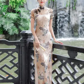 Kadınlar Yeni Artı Boyutu Yaz Uzun Cheongsam Çizgili Vintage Akşam Elbise Ince Zarif Düğün Gösterisi Kostümleri Qipao M 5XL