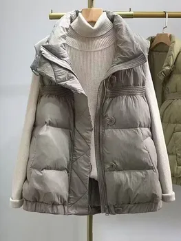 Yeni Kış Pamuk Yelek Kadın sıcak tutan kaban Turn-aşağı Yaka Fermuar Kolsuz Ceket Palto Gevşek İpli Yelek Yelek Ceket