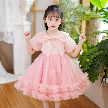 Yaz Kız Pembe Pullu Elbise doğum Günü Partisi düğün elbisesi Kız Prenses Kısa Kollu Elbiseler Çocuk Giysileri