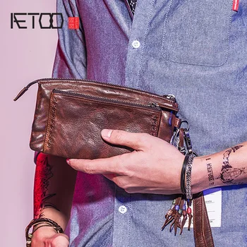 AETOO erkek uzun büyük kapasiteli retro cüzdan, deri erkek çok fonksiyonlu cep telefonu çantası, moda el yapımı cüzdan