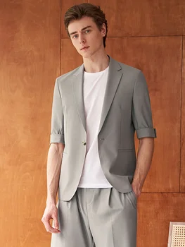 Yaz Erkek Takım Elbise Set Kısa Kollu Blazer Pantolon Rahat Tarzı Düğün Damat Giyim Ince Serin Haki Slim Fit Giyim Tek 1 Düğme