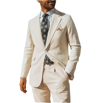 Bej Erkek Takım Elbise 2 Parça Düzenli Fit Çentik Yaka Düğün Damat Balo Smokin Tam Erkek Giyim Özel Blazer Ceket + Pantolon