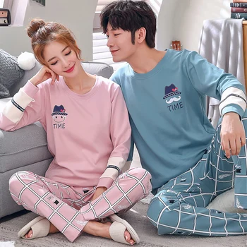 Büyük Boy M-3XL Severler Pijama Pamuk Sonbahar Kadın Sevimli Karikatür Pijama Setleri Uzun Kollu Ev Giyim Rahat Pijama Çiftler İçin