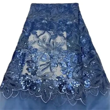 Afrika Dantel Kumaş 2023 Mavi Yüksek Kaliteli Nijeryalı Dantel Kumaş 5 Yards Fransız Sequins Dantel düğün elbisesi