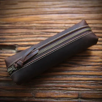 Hakiki deri kalem çantası kalem kutusu Tutucu Vintage El Yapımı Uzun Fermuarlı bozuk para cüzdanı Erkek Kadın Çocuk Öğrenci Okul Malzemeleri