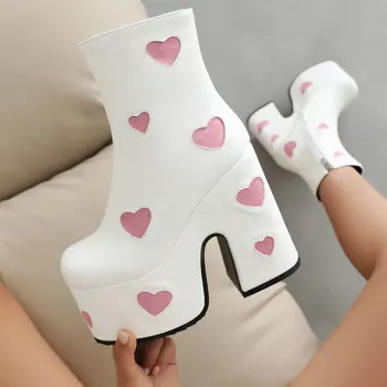 ıppeum y2k Ayakkabı Beyaz Tıknaz Platformu Çizme Boyutu 43 Cosplay Elbise Kalp Şeklinde Kadın yarım çizmeler