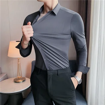 Yüksek Elastikiyet Dikişsiz erkek gömleği Uzun Kollu İnce Rahat Gömlek Düz Renk İş Resmi Elbise Gömlek Sosyal Parti Bluz