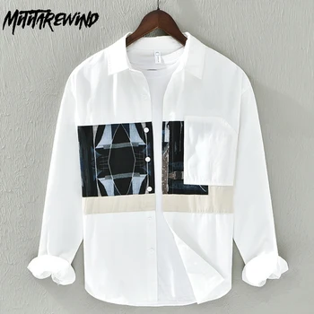 Beyaz Uzun Kollu Gömlek Erkekler için Saf Pamuk Günlük Casual Gömlek Trend Tasarım Baskı Patchwork Gömlek Erkek Gevşek Çok Yönlü Üstleri Yeni