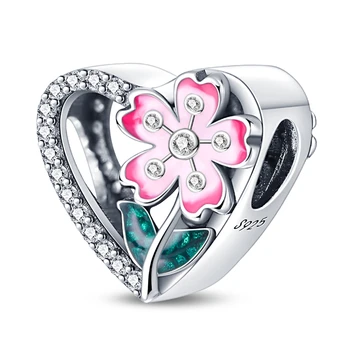 925 Ayar Gümüş Kiraz Çiçeği Serisi Kalp Şeklinde Boncuk Fit Orijinal Pandora Bilezik ve Kadınlar İçin Bileklik Doğum Günü Takı Hediye