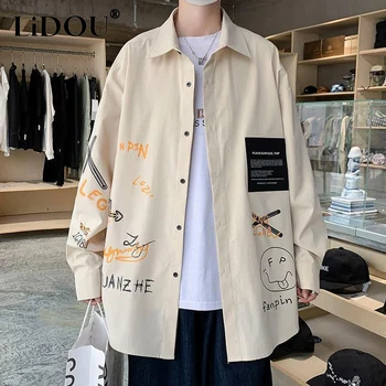 İlkbahar Sonbahar Yeni Baskı Graffiti Casual Gevşek Bluz Adam Uzun Kollu Kore Tarzı Harajuku Streetwear Gömlek Erkek Moda Giyim